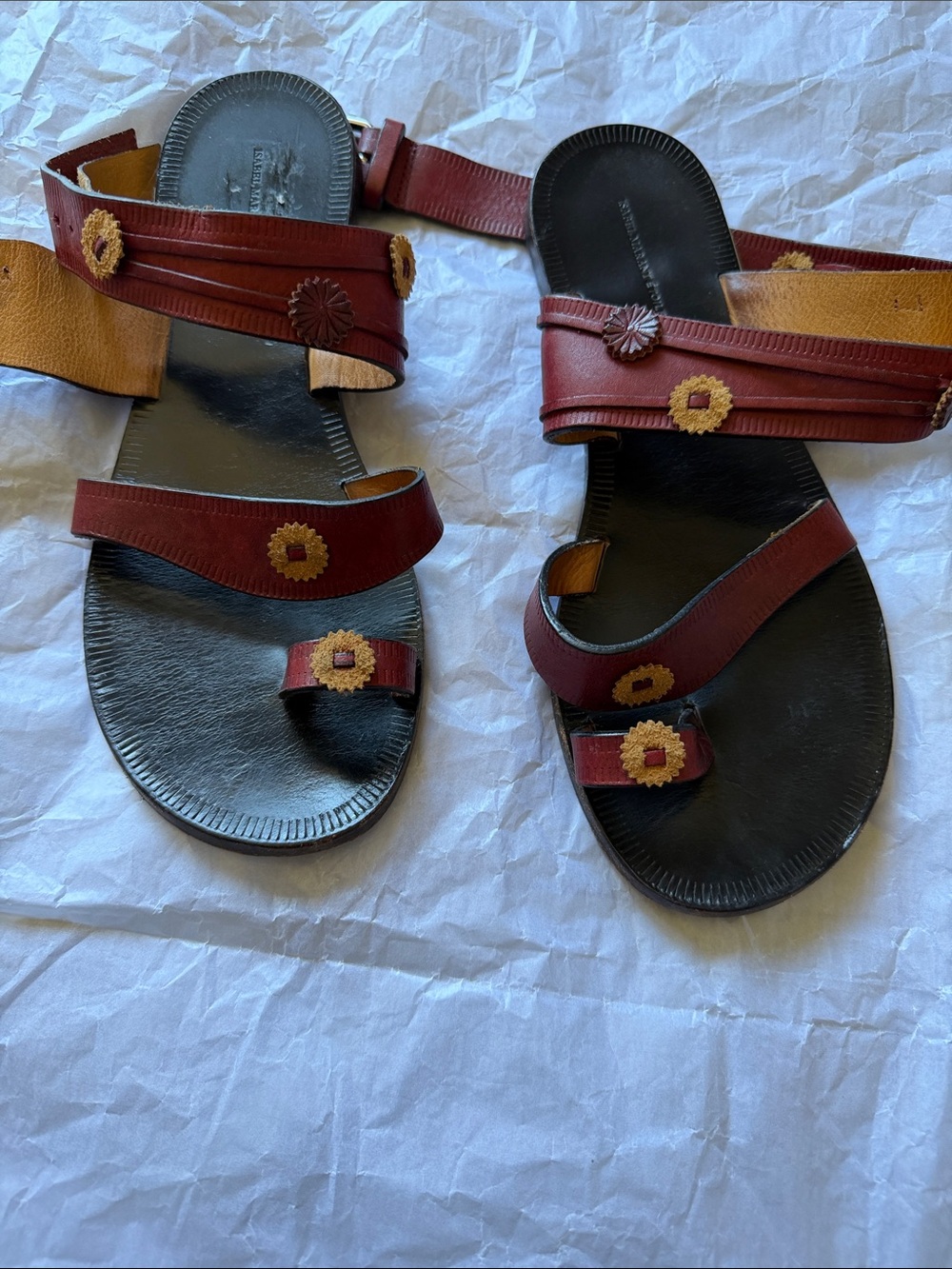 Isabel Marant Burgundy and Mustard Floral Strap Sandals